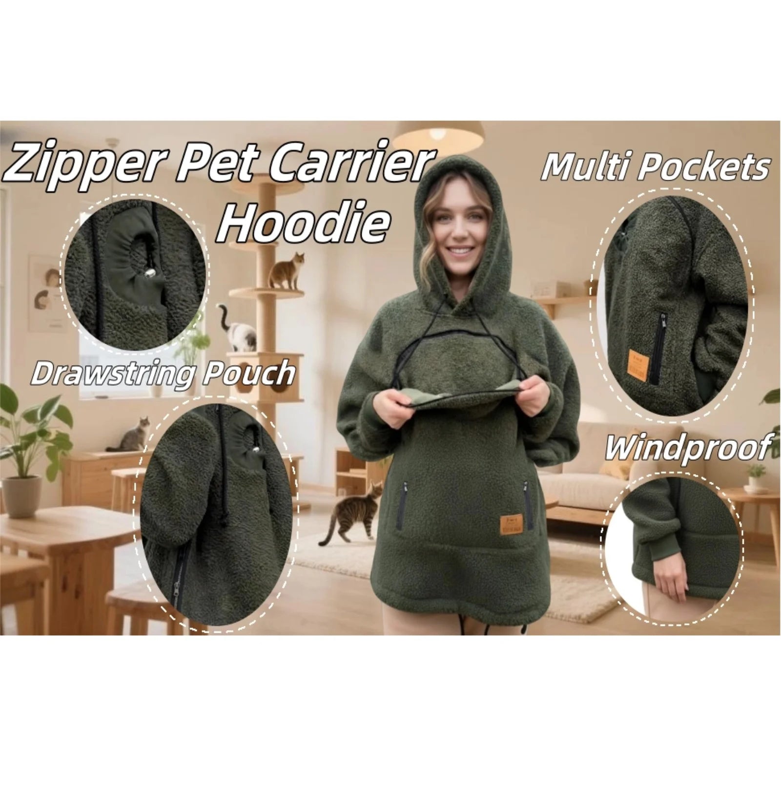Cat Dog Pouch Hoodie for Women Cozy Soft Sweatshirts with Large Pocket Sharpa Warm Pet Carrier Hoodie Hooded Animal Holder Pullover Wine S