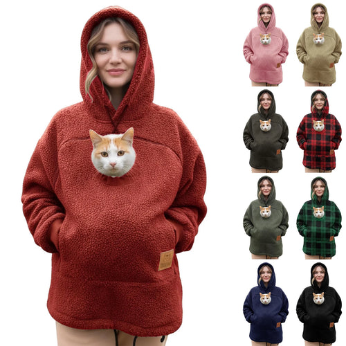 Cat Dog Pouch Hoodie for Women Cozy Soft Sweatshirts with Large Pocket Sharpa Warm Pet Carrier Hoodie Hooded Animal Holder Pullover Wine S
